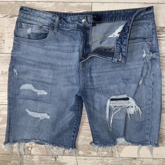 Aeropostale Slim Short Denim Shorts Mens 36 Blue Distressed Frayed Hem Bermuda - Picture 5 of 11